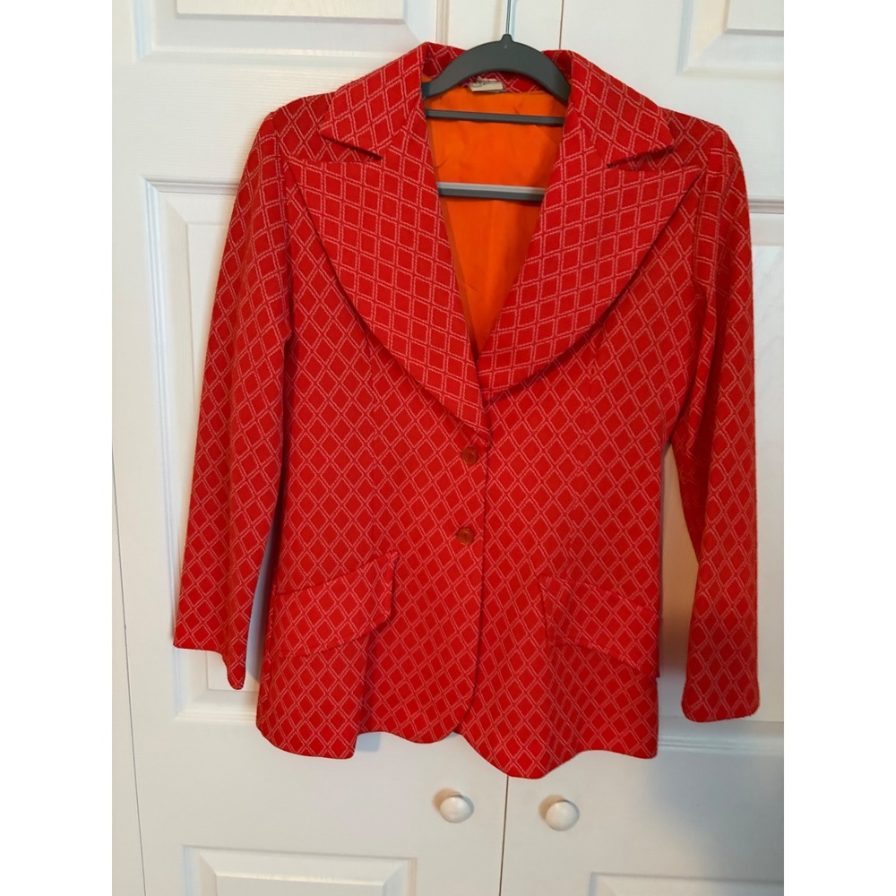 Vintage 70s Burnt Orange Diamond 
Print Pant Suit Blazer Wide Leg Pants 
2 piece